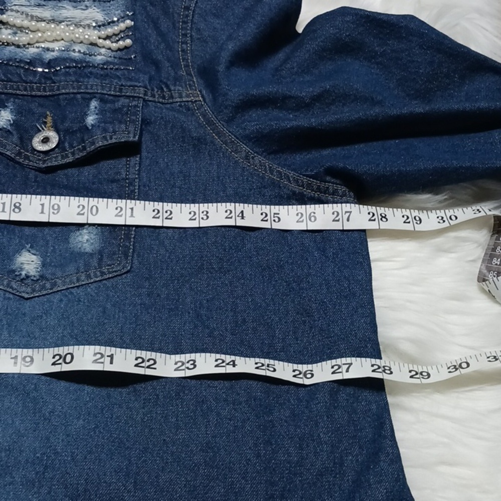 Cato distressed blue Jean jacket with diamonds/ pearls size 26-28 - Picture 8 of 9
